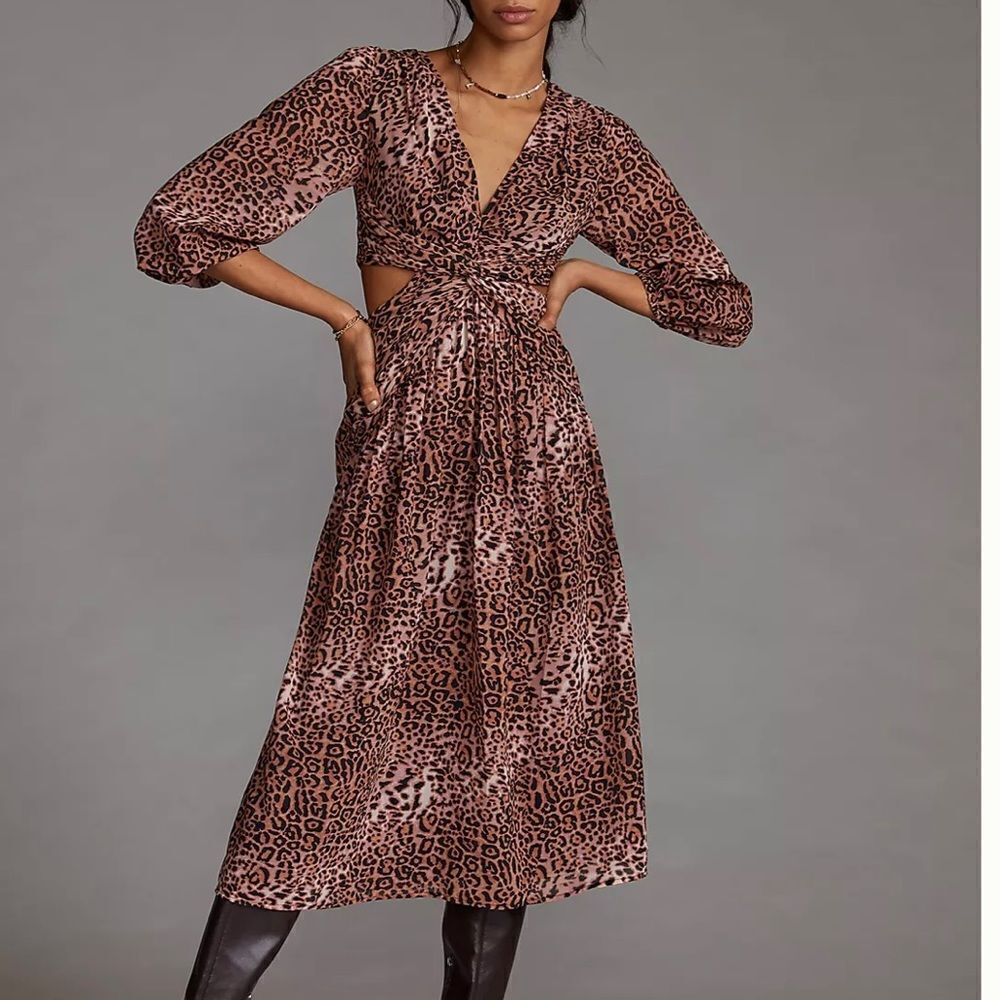 Anthropologie Ranna Gill Leopard print cut out Dress size M NWT